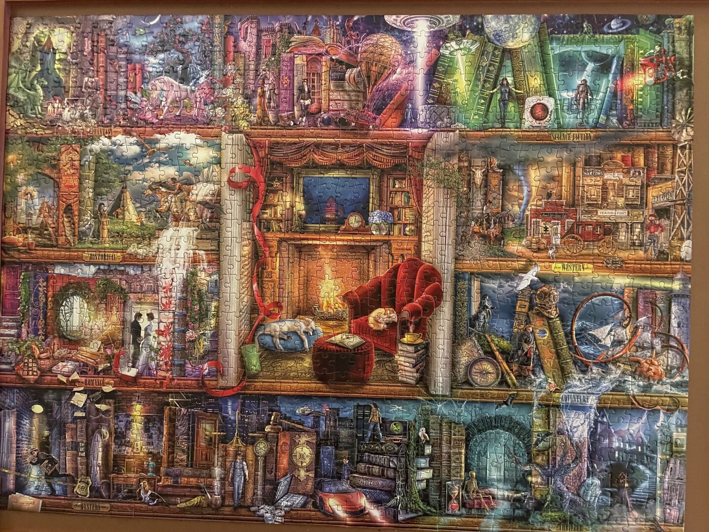 A 1000 piece jigsaw puzzle of various genres (science fiction, romance etc) with a fireplace and library in the middle represented by paintings